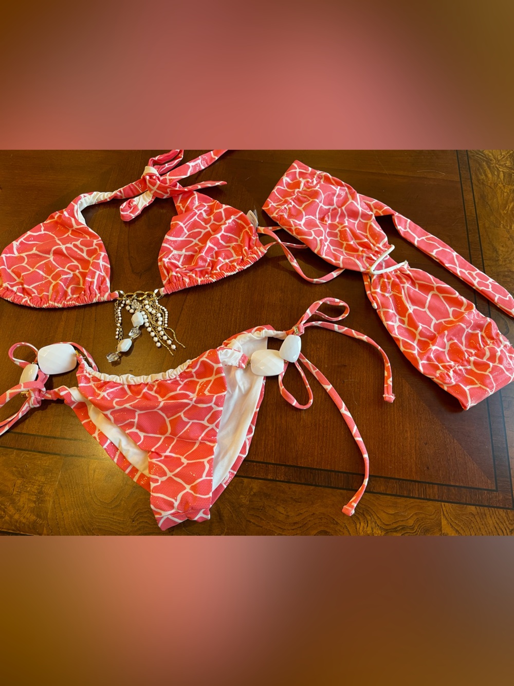 Beach bunny pink mermaid bikini bandeau XS, fringe top M and bottoms M - Picture 11 of 16